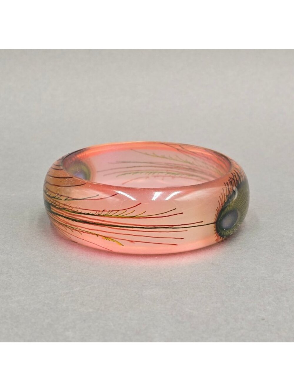 Vintage Lucite Peacock Feather Bangle Bracelet Pink Painted Retro Statement 60s - Picture 6 of 11